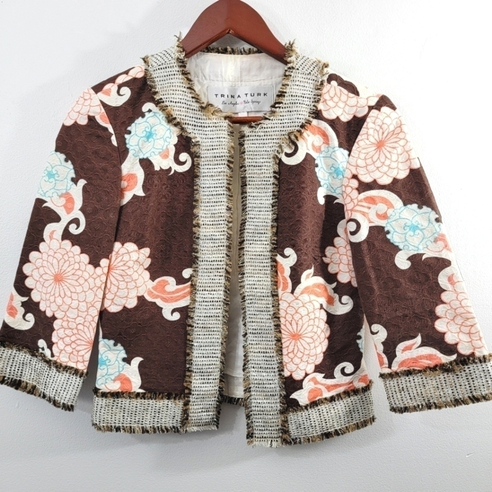 Trina Turk Palm Springs Tweed Pattern Cropped Floral Open Evening Gene Jacket 0